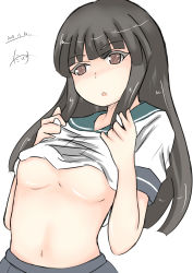 Rule 34 | 1girl, :o, blue skirt, blush, breasts, brown eyes, brown hair, clothes lift, commentary request, dakkusu, dated, green sailor collar, hatsuyuki (kancolle), head tilt, kantai collection, lifting own clothes, long hair, navel, nose blush, parted lips, pleated skirt, sailor collar, school uniform, serafuku, shirt, shirt lift, short sleeves, signature, simple background, skirt, small breasts, solo, very long hair, white background, white shirt