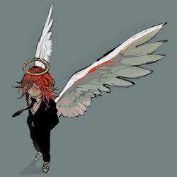 Rule 34 | 1boy, angel devil (chainsaw man), angel wings, black necktie, chainsaw man, closed mouth, grey background, hair between eyes, halo, hands in pockets, highres, long hair, male focus, necktie, red eyes, red hair, shirt, simple background, solo, two pokemon, white footwear, white shirt, white wings, wings