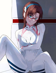 Rule 34 | 1girl, arm across chest, blue eyes, blush, bodysuit, breasts, brown hair, closed mouth, commentary, covered navel, evangelion: 3.0+1.0 thrice upon a time, glasses, gluteal fold, hairband, highres, indoors, long hair, looking at viewer, makinami mari illustrious, medium breasts, neon genesis evangelion, on floor, plugsuit, rebuild of evangelion, red-framed eyewear, rimless eyewear, sitting, smile, solo, thighs, tongue, tongue out, twintails, white bodysuit, yakisobaosu