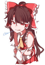 Rule 34 | 1girl, ascot, bandages, bare shoulders, bow, brown hair, collar, collared dress, detached sleeves, dress, frills, gokuu (acoloredpencil), hair between eyes, hair ornament, hair tubes, hakurei reimu, hand on own arm, hand up, highres, long hair, long sleeves, looking at viewer, open mouth, red bow, red dress, red eyes, simple background, sleeveless, sleeveless dress, smile, solo, touhou, upper body, white background, wide sleeves, yellow ascot