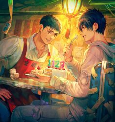 Rule 34 | 2boys, apron, black hair, cake, collared shirt, dokuga, dorohedoro, eating, eye tattoo, feet out of frame, food, fork, happy birthday, hood, hoodie, light, looking at another, looking at object, male focus, multiple boys, orange eyes, panco, red apron, scar, scar across eye, shirt, short hair, sideburns, sitting, smile, table, tetsujo, translation request, white hoodie, white shirt