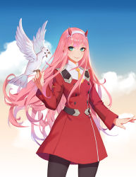 Rule 34 | 1girl, animal, animal on head, bird, bird on hand, bird on head, black pantyhose, blue sky, cloud, cowboy shot, darling in the franxx, day, dress, duximeng, floating hair, green eyes, hairband, highres, horns, long hair, long sleeves, looking at viewer, multiple heads, necktie, on head, pantyhose, pink hair, red dress, short dress, sky, smile, solo, standing, two-headed bird, very long hair, white hairband, yellow necktie, zero two (darling in the franxx)