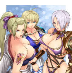 Rule 34 | 3girls, ahoge, armor, bad id, bad pixiv id, blonde hair, blue eyes, breasts, bustier, cleavage, earrings, front-tie top, gauntlets, hair over one eye, huge breasts, ibanen, isabella valentine, jewelry, lace up front, laceups, large breasts, leather, leotard, lingerie, long hair, multiple girls, namco, ponytail, revealing clothes, setsuka, short hair, sideboob, sophitia alexandra, soul calibur, soulcalibur, soulcalibur ii, soulcalibur iv, tattoo, underboob, underwear, white hair