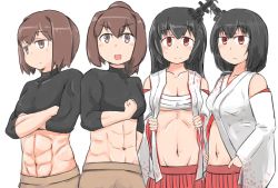 Rule 34 | 4girls, abs, black hair, blush, breasts, brown eyes, brown hair, clenched hand, crossed arms, detached sleeves, enjaku izuku, eyebrows, female focus, flexing, floral print, frown, fusou (kancolle), hair ornament, hands on own hips, hyuuga (kancolle), ise (kancolle), japanese clothes, kantai collection, looking at viewer, looking away, medium breasts, miko, multiple girls, muscular, muscular female, navel, open clothes, open mouth, ponytail, red eyes, relaxing, sarashi, short hair, simple background, small breasts, smile, stomach, tareme, toned, undershirt, white background, wide sleeves, yamashiro (kancolle)