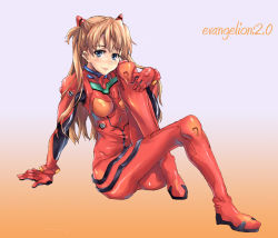 Rule 34 | 00s, 1girl, :p, arm support, blue eyes, blush, bodysuit, bracer, breasts, brown hair, closed mouth, copyright name, evangelion: 2.0 you can (not) advance, from side, gloves, gradient background, grey background, hair over shoulder, hand on own knee, headgear, hugging own legs, knees up, kno1, long hair, looking at viewer, neon genesis evangelion, orange background, pilot suit, plugsuit, rebuild of evangelion, shiny clothes, sitting, small breasts, solo, souryuu asuka langley, tongue, tongue out, turtleneck, two side up