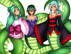 Rule 34 | 3girls, blue hair, breasts, cleavage, conjoined, embarrassed, green hair, japanese clothes, kimono, lamia, monster girl, multiple girls, smile