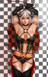 Rule 34 | 1girl, armpits, arms up, black gloves, breasts, chain, checkered background, demon girl, elbow gloves, gloves, horns, medium breasts, midriff, navel, original, pop721119, red eyes, short hair, silver hair, solo