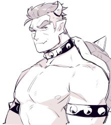 Rule 34 | 1boy, bara, bowser, bracelet, collar, dragon boy, dragon horns, fang, forked eyebrows, from side, highres, horns, huge eyebrows, humanization, jewelry, large pectorals, looking at viewer, male focus, mario (series), mature male, monochrome, muscular, muscular male, nintendo, nipples, nude, pectorals, pointy ears, short hair, skin fang, solo, spiked bracelet, spikes, undercut, yowasabimechaoc