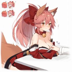 Rule 34 | 2girls, :3, ?, ^^^, ahoge, animal ear fluff, animal ears, animal hands, bell, blush, bow, breasts, chibi, chibi inset, cleavage, closed mouth, collar, collarbone, commentary request, detached sleeves, fate/grand order, fate (series), finger between breasts, finger in another&#039;s mouth, fox ears, fox girl, fox tail, fujimaru ritsuka (female), gloves, hair between eyes, hair bow, highres, japanese clothes, jingle bell, kimono, large breasts, long sleeves, multiple girls, muryotaro, orange eyes, orange hair, paw gloves, pink hair, ponytail, red bow, red kimono, simple background, smile, solo focus, strapless, sweat, table, tail, tamamo (fate), tamamo cat (fate), translation request, v-shaped eyebrows, white background, yawning, yuri