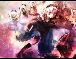 Rule 34 | 1girl, alice margatroid, blonde hair, blue eyes, book, boots, bow, doll, female focus, fighting stance, hair bow, hairband, ikamagu, ikmg, letterboxed, open mouth, shanghai doll, short hair, solo, sword, touhou, weapon