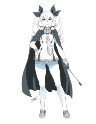 Rule 34 | 10s, 1girl, alternate hairstyle, anchovy (cosplay), anchovy (girls und panzer), cape, cosplay, dress, drill hair, eyebrows, girls und panzer, gloves, greyscale, hair ornament, hair ribbon, half-closed eyes, kantai collection, long hair, looking at viewer, minazuki tsuyuha, monochrome, murakumo (kancolle), necktie, pantyhose, ribbon, riding crop, sailor dress, signature, solo, standing, strapless, strapless dress, thighband pantyhose, tress ribbon, tube dress, twin drills, twintails