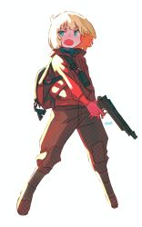 Rule 34 | 1girl, absurdres, backpack, bag, blonde hair, blue eyes, boots, brown pants, gloves, gun, halftone, handgun, highres, holding, holding gun, holding weapon, hood, hoodie, jacket, medium hair, open mouth, original, pants, pistol, red gloves, red hoodie, red jacket, ryusei hashida, signature, simple background, solo, trigger discipline, two-handed, two-handed handgun grip, weapon, white background