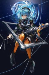 Rule 34 | 1girl, absurdres, ankle boots, armillary sphere, belt, beret, black hat, blue hair, boots, bow, breasts, cable, coat, collar, dark, flower, grey eyes, hair between eyes, hat, highres, hololive, hoshimachi suisei, hoshimachi suisei (streetwear), jacket, leggings, looking at viewer, medium hair, microphone, microphone stand, o-ring, o-ring belt, o-ring thigh strap, off shoulder, orange pantyhose, padded coat, pantyhose, picture frame, pleated skirt, ribbon, rin31153336, rose, shaded face, shoes, skirt, small breasts, smile, solo, star (symbol), thigh strap, twintails, virtual youtuber, wavy hair