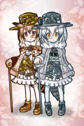 Rule 34 | 10s, 2girls, :&lt;, adapted costume, alternate costume, brown eyes, brown hair, clock, commentary request, cosplay, dress, eurasian eagle owl (kemono friends), frilled dress, frills, fur collar, gears, gradient hair, hat, head wings, holding, kemono friends, lechku, looking at viewer, monocle, multicolored hair, multiple girls, nechku, northern white-faced owl (kemono friends), ookami (game), sanari (quarter iceshop), shoes, staff, steampunk, tail, white hair, white legwear, wings, yellow eyes