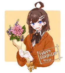 Rule 34 | 1girl, ahoge, black bow, black bowtie, blush, bouquet, bow, bowtie, brown hair, cardigan, collared shirt, dated, flower, hair ornament, hairclip, happy birthday, highres, hod (project moon), holding, holding bouquet, library of ruina, medium hair, orange cardigan, project moon, shirt, solo, uchimura (rino0525), upper body, white shirt