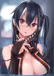 Rule 34 | 1girl, :o, arm strap, azur lane, black hair, blush, breasts, cleavage, commentary, cropped torso, cross, cross earrings, crossed bangs, dated, earrings, eyes visible through hair, hair between eyes, head tilt, headgear, highres, iron cross, jewelry, large breasts, long hair, looking at viewer, mappaninatta, multicolored hair, no bra, open mouth, red eyes, revision, scarf grab, sidelocks, signature, skindentation, solo, streaked hair, u-47 (azur lane), unzipped, wet, white hair
