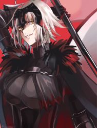 Rule 34 | 1girl, arm up, armor, armored dress, black dress, breasts, cape, chain, commentary request, dress, fate/grand order, fate (series), flag, fur-trimmed cape, fur collar, fur trim, gauntlets, grin, headpiece, highres, holding, holding flag, holding weapon, hoshi rasuku, jeanne d&#039;arc (fate), jeanne d&#039;arc alter (avenger) (fate), jeanne d&#039;arc alter (fate), large breasts, looking at viewer, red background, short hair, silver hair, smile, weapon, yellow eyes