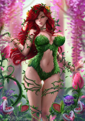 Rule 34 | 1girl, breasts, dc comics, flower, freckles, green eyes, highres, javier estrada, large breasts, long hair, looking at viewer, midriff, navel, outdoors, pink flower, piranha plant, plant, poison ivy, red hair, solo, vines