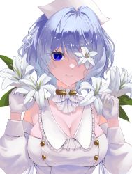 Rule 34 | 1girl, alternate costume, arknights, bare shoulders, blue eyes, blush, breasts, cleavage, closed mouth, detached sleeves, dress, flower, flower eyepatch, frilled dress, frills, gloves, hairband, highres, holding, holding flower, large breasts, lily (flower), long sleeves, looking at viewer, mihata atelier, one eye covered, purple hair, short hair, simple background, solo, upper body, whisperain (arknights), white background, white dress, white flower, white gloves, white hairband