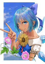 Rule 34 | 1girl, absurdres, blue bow, blue dress, blue eyes, blue hair, blush, bow, cirno, cloud, collarbone, day, dress, flower, hidden star in four seasons, highres, ice, ice wings, kilye kairi, looking at viewer, plant, puffy short sleeves, puffy sleeves, short hair, short sleeves, sky, smile, solo, sunflower, tan, tanned cirno, touhou, upper body, v, vines, wings