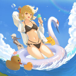 Rule 34 | 2girls, absurdres, air bubble, arm up, baseball cap, bikini, black bikini, black shirt, blonde hair, blue sky, breasts, bubble, cloud, commentary, day, english commentary, food, hael, hair ribbon, halterneck, hat, highres, holding, holding food, holding ice cream, ice cream, innertube, inoue takina, long sleeves, looking at viewer, lycoris recoil, multiple girls, navel, nishikigi chisato, o-ring, o-ring bikini, off shoulder, open clothes, open mouth, open shirt, outdoors, red ribbon, ribbon, rubber duck, shirt, short hair, side-tie bikini bottom, sky, small breasts, smile, solo focus, standing, swim ring, swimsuit, wading, white headwear, white shirt, yellow eyes