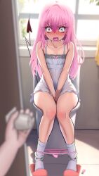 Rule 34 | 1boy, 1girl, arms between legs, blurry, blurry foreground, blush, camisole, collarbone, demon girl, demon tail, elementary, embarrassed, fang, highres, indoors, kneehighs, knees together feet apart, long hair, looking at viewer, nana asta deviluke, open mouth, panties, panty pull, pink eyes, pink hair, pink panties, pov, pov doorway, pov hands, sitting, sleeveless, slippers, socks, solo focus, spaghetti strap, surprised, tail, thighs, to love-ru, to love-ru darkness, toilet, toilet use, underwear, walk-in, white socks
