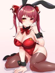 Rule 34 | 1girl, animal ears, bow, bowtie, breasts, cleavage, detached collar, fake animal ears, fishnet thighhighs, fishnets, heterochromia, highres, hololive, houshou marine, konboi-eg, large breasts, leotard, looking to the side, playboy bunny, rabbit ears, red bow, red bowtie, red eyes, red hair, red leotard, sitting, smile, solo, thighhighs, twintails, virtual youtuber, wariza, wrist cuffs, yellow eyes