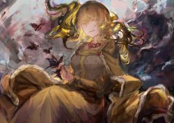 Rule 34 | 1girl, blonde hair, breasts, bug, butterfly, butterfly on hand, cape, colored eyelashes, dress, flowing dress (dq), ike seika, insect, isabeau de baviere (madoka magica), jewelry, jitome, large breasts, light particles, light smile, long hair, long sleeves, magia record: mahou shoujo madoka magica gaiden, mahou shoujo madoka magica, mahou shoujo tart magica, mature female, necklace, open mouth, parted lips, queen, ring, robe, royal robe, solo, teeth, yellow eyes