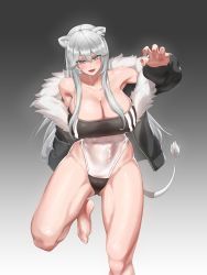 Rule 34 | 1girl, absurdres, animal ears, bare shoulders, barefoot, black jacket, blush, breasts, claw pose, cleavage, ear piercing, fang, fur-trimmed jacket, fur trim, gradient background, grey eyes, grey hair, gris swimsuit, hair between eyes, hand up, head tilt, highleg, highleg swimsuit, highres, hololive, huge breasts, jacket, lion ears, lion girl, lion tail, long hair, looking at viewer, meme attire, off shoulder, one-piece swimsuit, open mouth, piercing, princetitor, see-through swimsuit, shiny skin, shishiro botan, sidelocks, smile, solo, standing, standing on one leg, swimsuit, tail, very long hair, virtual youtuber