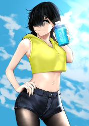 Rule 34 | 1girl, absurdres, black hair, black pantyhose, crop top, cup, day, denim, denim shorts, hand on own hip, highres, holding, holding cup, huge filesize, medium hair, mole, mole above eye, mole under mouth, navel, original, outdoors, pantyhose, pupi (rain prophet), short shorts, shorts, sleeveless, solo, standing
