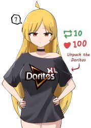 Rule 34 | 1girl, ?, black choker, black shirt, blonde hair, bocchi the rock!, breasts, choker, collarbone, commentary, doritos, english commentary, english text, feeq, hands on own thighs, highres, ijichi seika, large breasts, like and retweet, long hair, looking at viewer, off-shoulder shirt, off shoulder, parted bangs, raised eyebrow, red eyes, shirt, short sleeves, simple background, solo, speech bubble, spoken question mark, standing, straight-on, upper body, white background