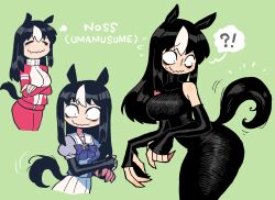 Rule 34 | 1girl, = =, absurdres, animal ears, black dress, bow, bowtie, closed eyes, closed mouth, detached sleeves, dress, green background, highres, horse ears, horse tail, jacket, kemonomimi mode, long dress, long sleeves, multiple views, noss (rariatto), original, pants, pleated skirt, puffy short sleeves, puffy sleeves, purple bow, purple bowtie, rariatto (ganguri), red jacket, red pants, school uniform, serafuku, short sleeves, simple background, skirt, smile, tail, tracen school uniform, tracen training uniform, umamusume, white skirt