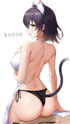 Rule 34 | 1girl, :d, aged up, alternate hair length, alternate hairstyle, animal ear fluff, animal ears, ass, back, black hair, black panties, black ribbon, blush, breasts, cat ears, cat girl, cat tail, from behind, greem bang, green eyes, hair between eyes, hand on own chest, highres, karyl (princess connect!), large breasts, looking at viewer, looking back, open mouth, panties, princess connect!, ribbon, short hair, side-tie panties, sitting, smile, solo, tail, topless, towel, underwear, underwear only