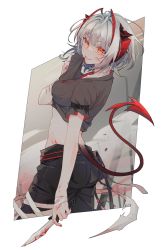 Rule 34 | 1girl, antennae, arknights, arm strap, bandaged hand, bandaged leg, bandages, belt pouch, black pants, blood, blood on clothes, blood on face, border, commentary, cowboy shot, demon tail, erhuo, grey hair, grey shirt, grin, highres, holding, holding clothes, holding knife, holding shirt, knife, looking at viewer, looking back, official alternate costume, orange eyes, pants, pouch, red tail, scar, scar on arm, shirt, short hair, short sleeves, smile, solo, tail, w (arknights), w (fugue) (arknights), white border, wiping blood, wiping mouth