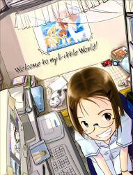 Rule 34 | 1girl, bed, brown eyes, brown hair, cat, computer, english text, glasses, grin, keyboard (computer), looking at viewer, scanner, smile, solo
