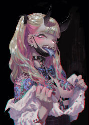 Rule 34 | 1girl, black background, black horns, black mask, black ribbon, blonde hair, blue tongue, bow, bowtie, breasts, chest harness, choker, clothes down, colored tongue, demon girl, demon horns, ear piercing, eyeliner, fangs, fingernails, flower tattoo, forked tongue, hair ribbon, harness, highres, horns, jonpei, long hair, long tongue, looking at viewer, makeup, mask pull, medium breasts, no bra, open clothes, open mouth, open shirt, original, piercing, pink eyes, ribbon, sharp fingernails, shirt, solo, tattoo, teeth, tongue, tongue out, tongue piercing, twintails, white shirt