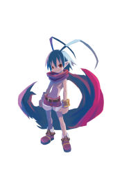 Rule 34 | 00s, 1boy, antenna hair, blue hair, bracelet, cape, disgaea, full body, grin, harada takehito, jewelry, laharl, makai senki disgaea, male focus, pointy ears, red eyes, red shorts, scarf, topless male, shoes, shorts, smile, smirk, solo, standing, white background