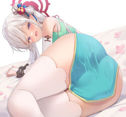 Rule 34 | 1girl, ass, blue archive, blush, chinese clothes, commentary request, dress, fingerless gloves, gloves, goldowl, grey hair, hair ornament, long hair, looking at viewer, looking back, lying, mahjong soul, mutsuki (blue archive), mutsuki (flowery charms) (blue archive), official alternate costume, on side, open mouth, paid reward available, pointy ears, purple eyes, simple background, sleeveless, smile, solo, thighhighs, thighs, white background, white thighhighs