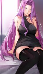 Rule 34 | 1girl, arm support, bare shoulders, bed, black panties, breasts, collarbone, cropped, eyes visible through hair, fate/stay night, fate (series), finger to mouth, heaven&#039;s feel, highres, indoors, large breasts, long hair, looking at viewer, medusa (fate), medusa (rider) (fate), nr noir, panties, purple eyes, purple hair, ribbed sweater, sidelocks, sitting, sleeveless, sleeveless turtleneck, smile, sweater, thighhighs, turtleneck, underwear, very long hair, zettai ryouiki