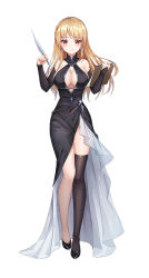 Rule 34 | 1girl, bad id, bad pixiv id, black dress, black footwear, black thighhighs, blonde hair, breasts, caba (caba091), cleavage, cocktail dress, detached sleeves, dress, full body, halterneck, high heels, holding, holding paper, holding quill, long hair, looking at viewer, original, paper, pleated dress, quill, red eyes, simple background, single thighhigh, smile, solo, standing, thighhighs, white background