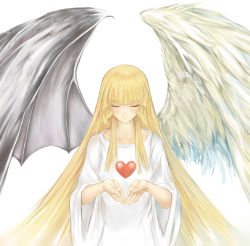 Rule 34 | 1girl, angel, angel and devil, angel wings, asymmetrical wings, blonde hair, change of heart, demon, demon wings, duel monster, erementa, closed eyes, highres, solo, wings, yu-gi-oh!, yuu-gi-ou, yu-gi-oh! duel monsters