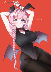 Rule 34 | 1girl, animal ears, black pantyhose, blue eyes, blush, braid, breasts, cleavage, cleavage cutout, clothing cutout, demon girl, demon wings, fake animal ears, food, food in mouth, hair intakes, hair over shoulder, heart, heart-shaped pupils, highres, holding, holding food, horns, kanola u, large breasts, leotard, looking at another, looking at viewer, mouth hold, original, pantyhose, pink hair, playboy bunny, pocky, pocky day, rabbit ears, red background, side braid, simple background, single braid, sitting, smile, solo, symbol-shaped pupils, thighs, wings