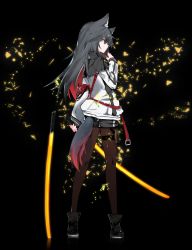 Rule 34 | 1girl, absurdres, ankle boots, arknights, black background, black footwear, black hair, black shorts, blush, boots, brown eyes, brown pantyhose, closed mouth, energy sword, error1980, from behind, full body, glowing, highres, holding, holding sword, holding weapon, jacket, long hair, long sleeves, looking afar, looking away, multicolored hair, pantyhose, planted, planted sword, planted weapon, pouch, profile, red hair, short shorts, shorts, simple background, solo, standing, sword, tail, texas (arknights), thigh pouch, thigh strap, two-tone hair, weapon, white jacket