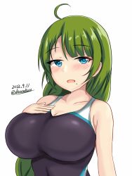 Rule 34 | 1girl, ahoge, black one-piece swimsuit, blue eyes, blush, braid, breasts, collarbone, covered navel, dated, green hair, hand on own chest, highres, kantai collection, large breasts, long hair, looking at viewer, mole, mole under mouth, montemasa, one-piece swimsuit, open mouth, signature, simple background, single braid, solo, swimsuit, twitter username, upper body, very long hair, white background, yuugumo (kancolle)