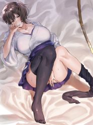 Rule 34 | 1girl, between legs, black thighhighs, blue skirt, bow (weapon), breasts, brown eyes, brown hair, cleavage, commentary request, finger sucking, hakama, hakama short skirt, hakama skirt, hand between legs, highres, inusaka, japanese clothes, kaga (kancolle), kantai collection, kimono, large breasts, long hair, lying, on back, short sidetail, side ponytail, skirt, sweat, thighhighs, thighs, weapon, wide sleeves, yukata