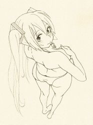 Rule 34 | 1girl, ass, barefoot, blush, butt crack, covering privates, covering breasts, from above, from behind, full body, greyscale, hatsune miku, long hair, looking back, monochrome, panties, sketch, solo, topless, twintails, underwear, vocaloid, wokada