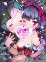 Rule 34 | 2girls, ^ ^, ahoge, black hair, blush, bow, bra, bracelet, breast press, breasts, cloak, closed eyes, hair bow, heart, heart in mouth, jewelry, kanzaki itsuki, katerina (rondo duo), mouth hold, multiple girls, one eye closed, pink bow, pink hair, red eyes, rondo duo, shared food, short hair, skirt, symmetrical docking, tinkle bell, underwear, white day, yuri