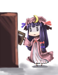 Rule 34 | 1girl, ameimo, book, chibi, dress, female focus, full body, hat, indoors, patchouli knowledge, purple hair, solo, standing, striped clothes, striped dress, touhou, white background