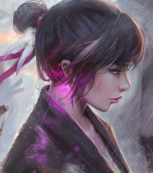 Rule 34 | 1girl, artist name, brown hair, closed mouth, collarbone, earrings, feather hair ornament, feathers, from side, glowing, guweiz, hair bun, hair ornament, jewelry, lips, looking afar, multicolored hair, purple eyes, rain, scar, scar on face, short hair, single hair bun, solo, streaked hair, tattoo, upper body, water, white feathers, white hair