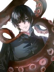 Rule 34 | 1boy, absurdres, black eyes, black hair, black jacket, buttons, chainsaw man, collared jacket, ear piercing, eyes visible through hair, gakuran, hair between eyes, highres, jacket, looking at viewer, male focus, mole, mole under mouth, octopus devil (chainsaw man), piercing, school uniform, short hair, simple background, smile, solo, suction cups, tentacles, upper body, white background, yoshida hirofumi, yun yin huixuan